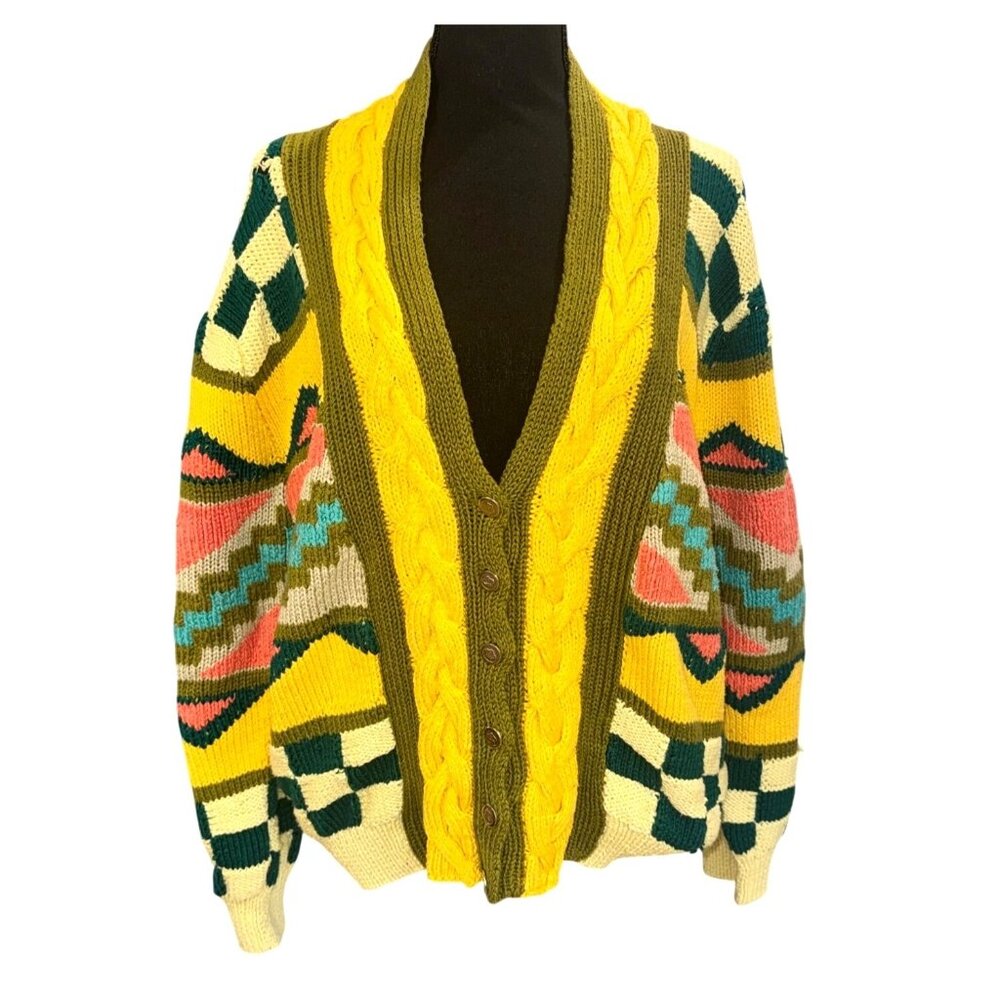 Vintage Handknit Chunky Knit Like Coogi Cardigan Sweater L Cotton Multicolor